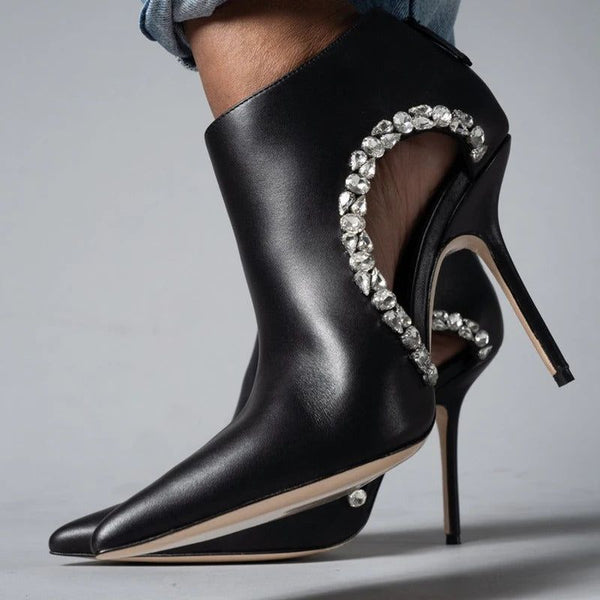 Sexy Pointed Toe Crystal Hollow Out Ankle Boots Solid Leather Back Zipper Thin High Heel Designer Pumps - Frimunt Clothing Co.