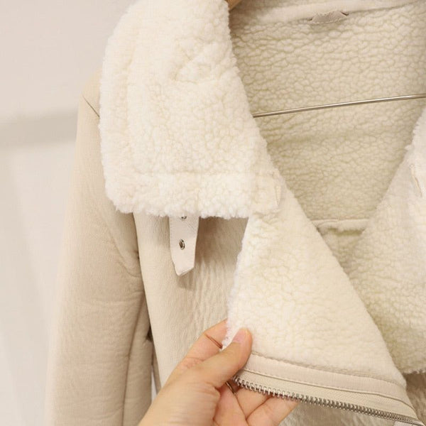 Winter Women's Faux Sheepskin Leather Jacket Aviator Style with Fur Lining