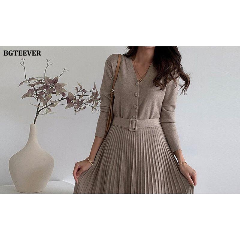 Elegant V-Neck Autumn Winter Knitted Belted Pleated Women's Long Dress - Frimunt Clothing Co.