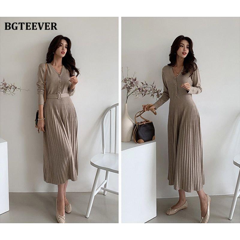 Elegant V-Neck Autumn Winter Knitted Belted Pleated Women's Long Dress - Frimunt Clothing Co.