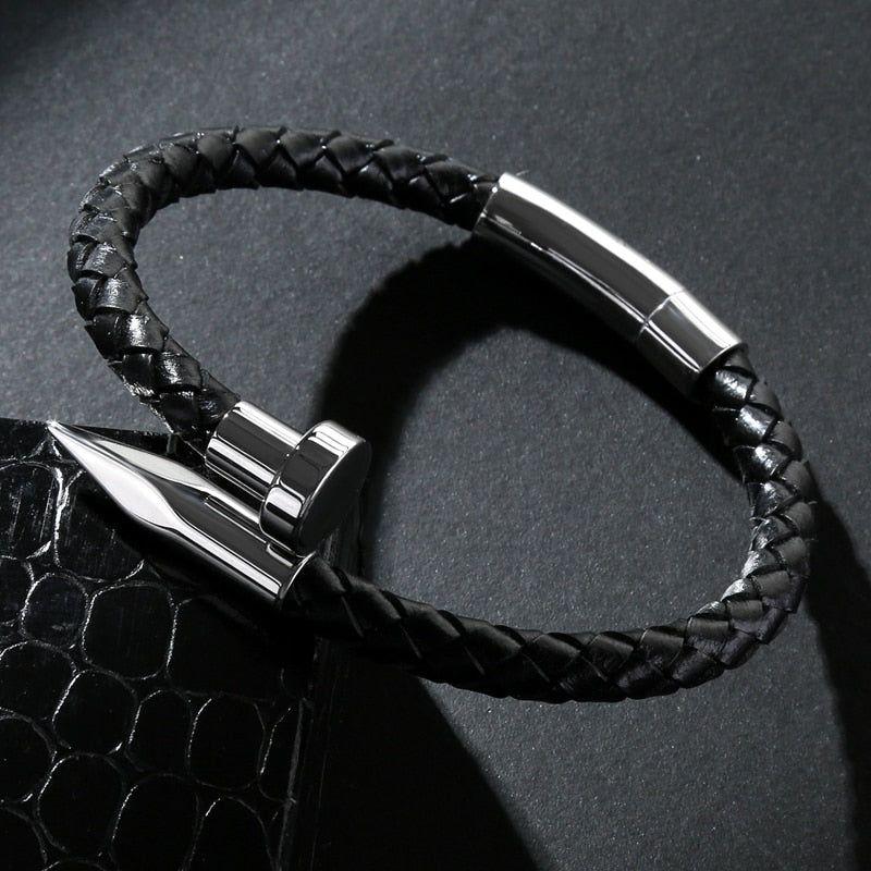 Fashion Braided Genuine Leather Nail Bracelet for Men Modern Jewelry Design Stainless Steel Buckle - Frimunt Clothing Co.