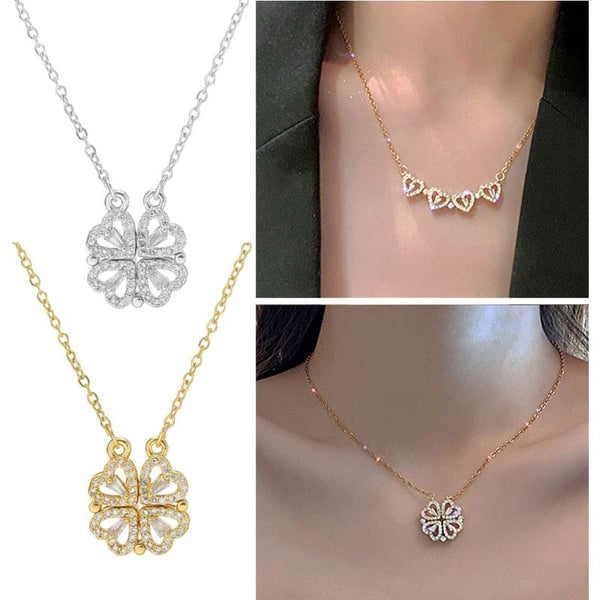 Women's Magnetic Folding Heart-Shaped Four-Leaf Clover Necklace New Popular Design 2 in 1