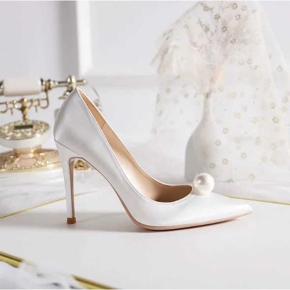 Bridal Pearl Pointed Toe Pumps Stiletto High Heels 8cm Shoes - Frimunt Clothing Co.