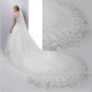 Luxury White Ivory Cathedral Wedding Veils Long Sequins Embroidered Lace Edge With Comb