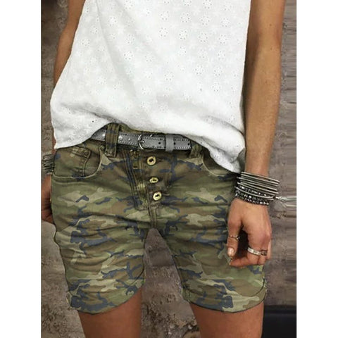 Women's Camouflage Shorts Mid-Waist Button-fly Jeans Summer Plus Sizes Straight Leg