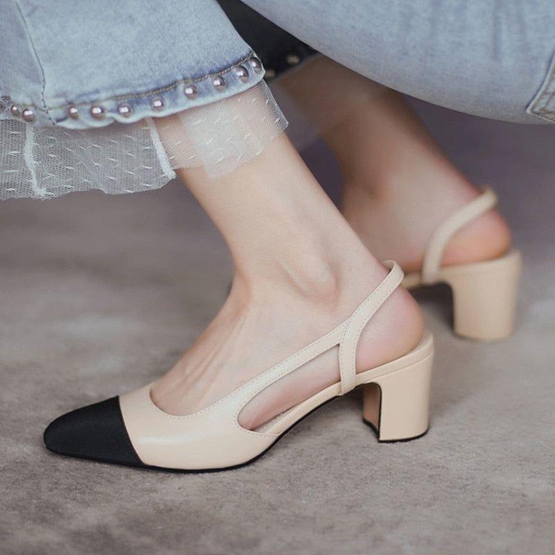 Women Luxury Brand Designer Inspired Low Mid Heels Natural Genuine Leather Slingback Beige Nude Pumps - Frimunt Clothing Co.