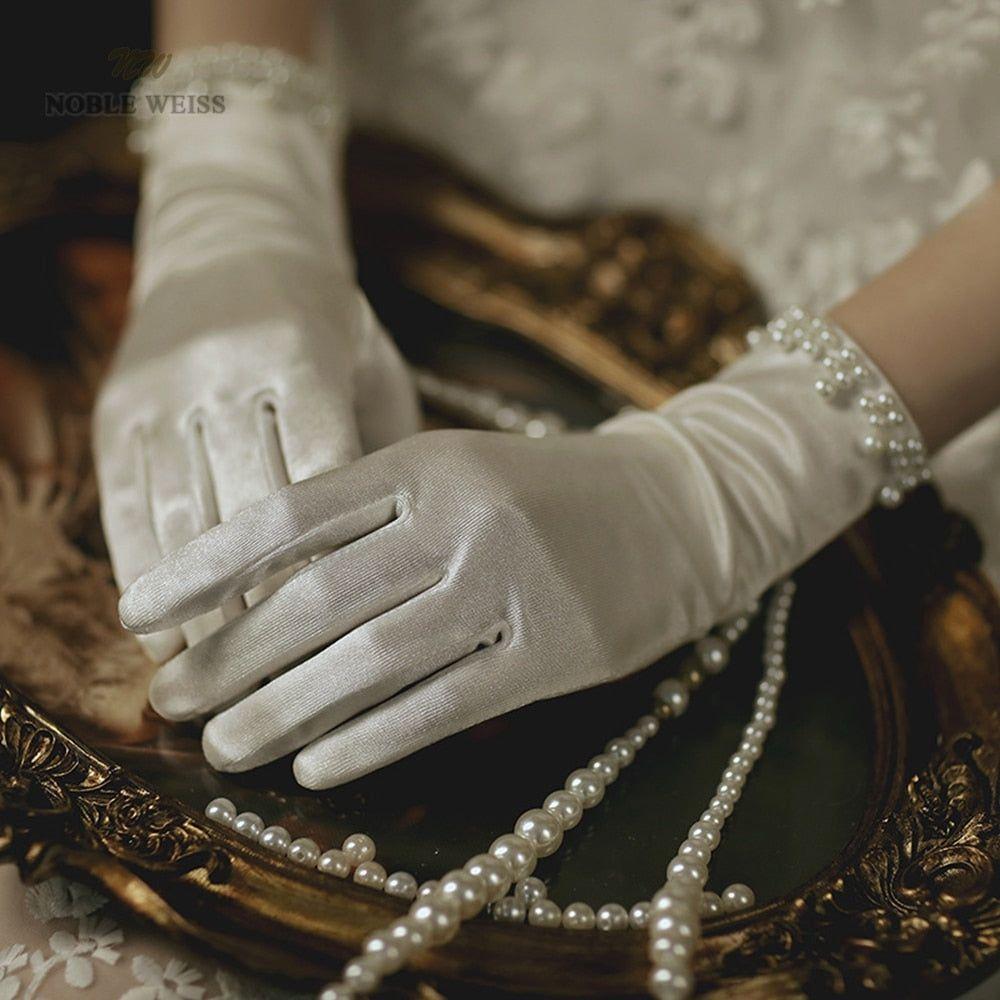 Elegant Satin Short Bridal Gloves Beaded Wedding Gloves - Frimunt Clothing Co.