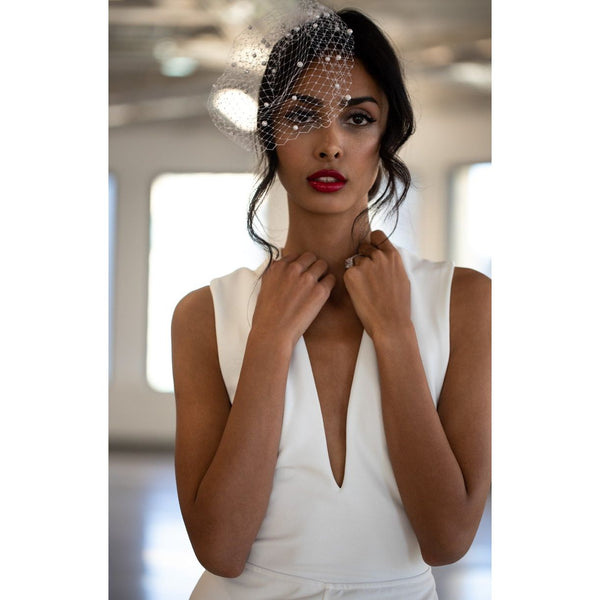 New Arrival White Net Bridal Head Dress Pearls Beaded - Frimunt Clothing Co.