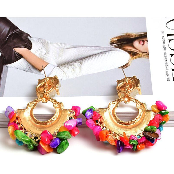 Bohemian Natural Stone Colorful Dangle Metal Drop Earrings Women's Statement Jewelry