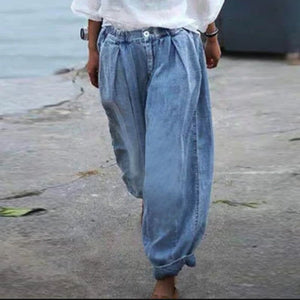 Women's Baggy Elastic Waist Pleated Jeans