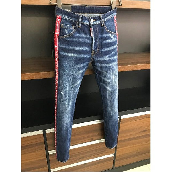 Trendy Distressed Version Dsquared2 Men's Cotton Denim Jeans With Letter Logo Ribbon 9711 - Frimunt Clothing Co.