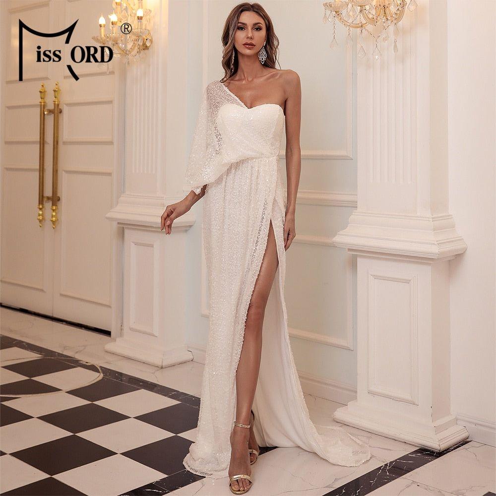 Missord Sexy One Shoulder Sequin Evening Party Dress Floor Length Maxi Dress Solid Color High Split Backless Women Dress M0843 - Frimunt Clothing Co.