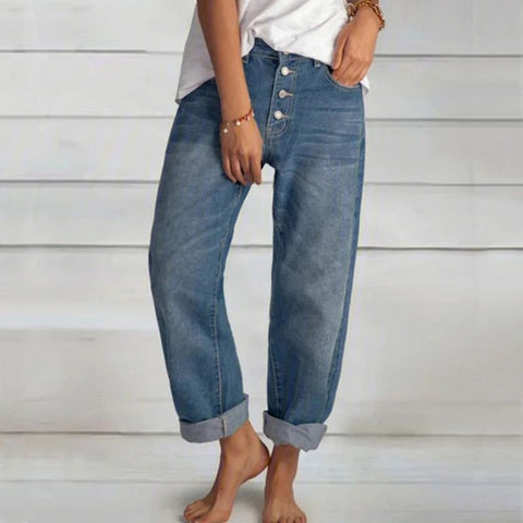 Women's Mom Jeans Button Fly Wide Leg Blue Straight Leg