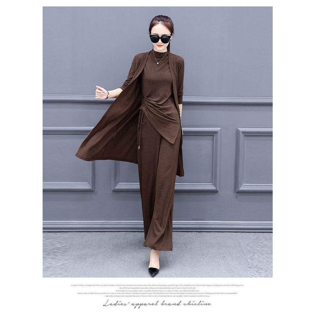 Ribbed Knit 3 Piece Set Women Plus Size Casual Long Cardigan + Vest Top + Wide Leg Pants Suit - Frimunt Clothing Co.