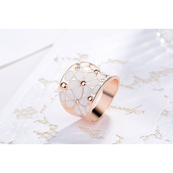 Exquisite Enamel Flower Ring Rose Gold With Delicate Crystals - Frimunt Clothing Co.