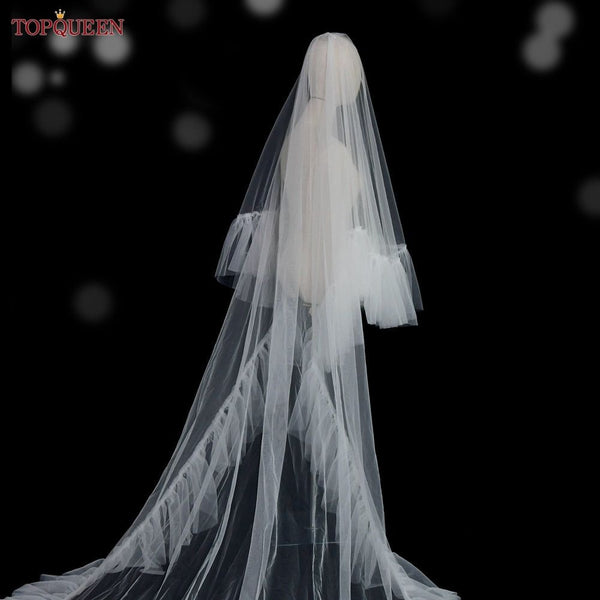 Romantic Ruffles Wedding Veil With Face Cover 2 Layers Cathedral Length - Frimunt Clothing Co.