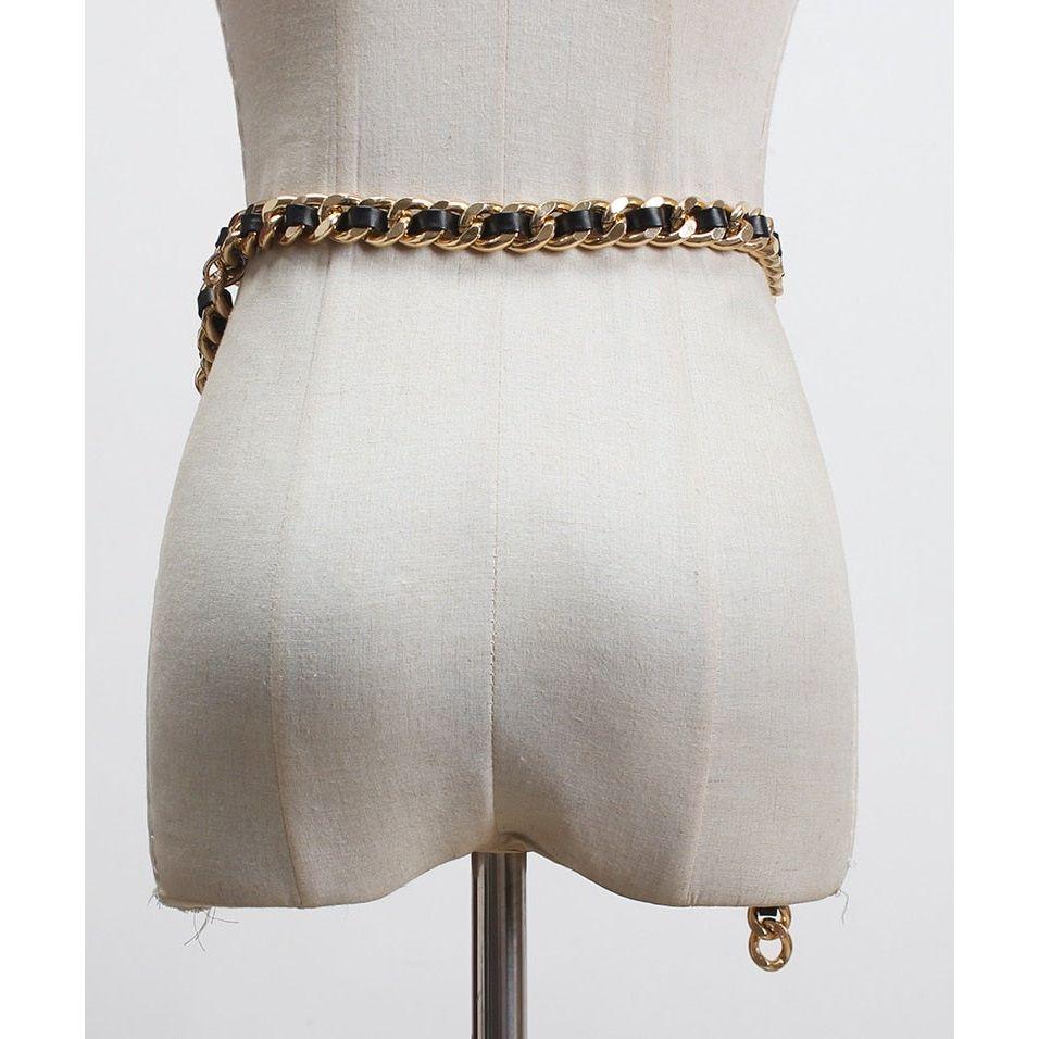 Women's Faux Black Leather Metal Chain Split Joint Long Belt - Frimunt Clothing Co.