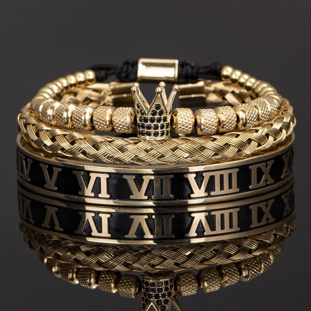 3 Piece Set Luxury Crown Handmade Men Enamel Roman Numeral Bangles Hemp Rope Stainless Steel Micro Pave CZ Luxury Jewelry - Frimunt Clothing Co.