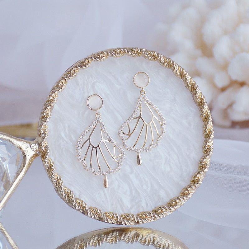 Luxury 14K Real Gold Plated Leaves Earring Delicate Micro Inlaid Cubic Zircon CZ Stud Pendant Earrings Wedding Jewelry - Frimunt Clothing Co.