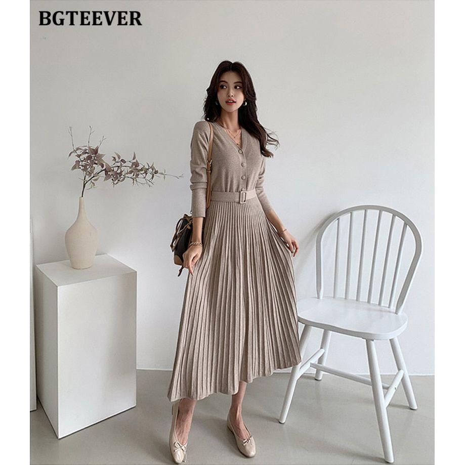 Elegant V-Neck Autumn Winter Knitted Belted Pleated Women's Long Dress - Frimunt Clothing Co.