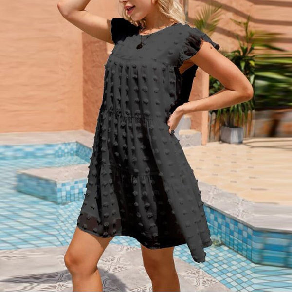 Women's Summer Short Dress Ruffle Sleeve O Neck Beach Dresses Elegant Solid Colors