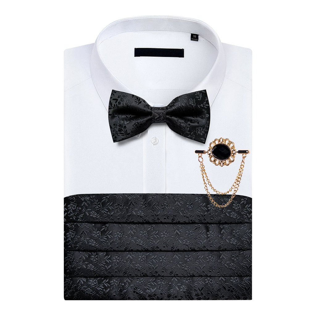 Black Floral Silk Men's Cummerbunds Bow Tie, Brooch, Hanky, Tuxedo Formal Wide Belt and Cufflinks Set. Formal Men's Fashion. - Frimunt Clothing Co.