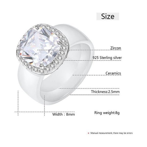 Luxury Big Crystal Square Ceramic Rings For Women CZ 8mm Width Fashion Jewelry