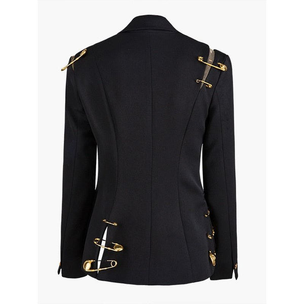 Women's Loose Fit Black Single Button Pin Decor Spliced Jacket Blazer New Lapel Long Sleeve Autumn Winter - Frimunt Clothing Co.