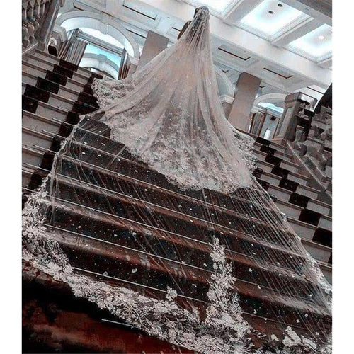 Bridal Veil With Sequins Lace Edge White Cathedral Length Veil With Comb - Frimunt Clothing Co.