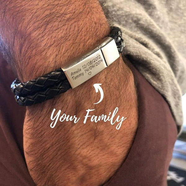 Personalized Men's Leather Bracelet Custom Engraved Text Name Date Strong Magnetic Clasp