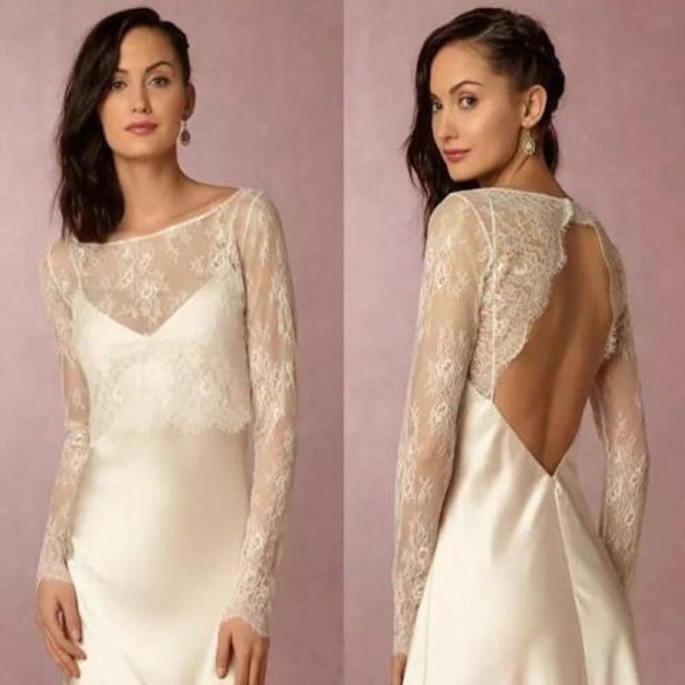 Sexy Backless White Ivory Bridal Open Back Jackets Scoop Neck Long Sleeve Lace Bridal Bolero - Frimunt Clothing Co.