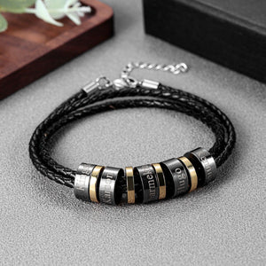 Custom Men's Black Charms Beads Bracelet Personalized Men's Jewelry Genuine Leather Braided Bracelet Christmas Gift