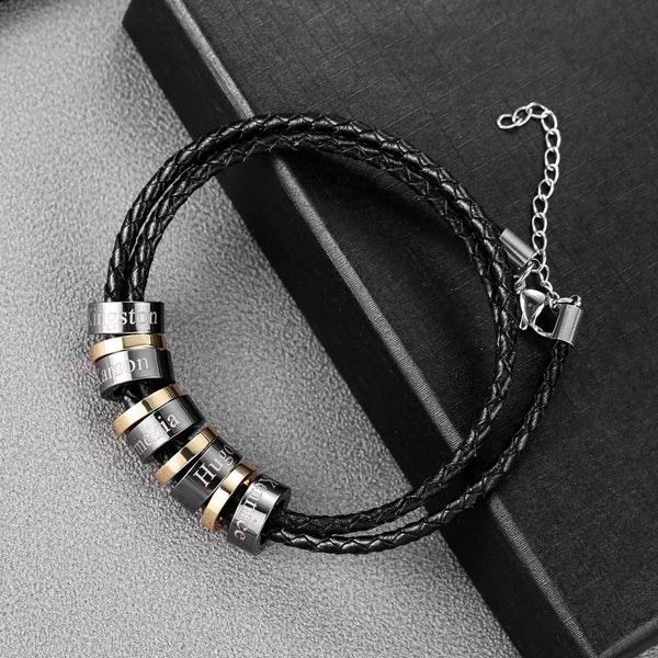 Custom Men's Black Charms Beads Bracelet Personalized Men's Jewelry Genuine Leather Braided Bracelet Christmas Gift