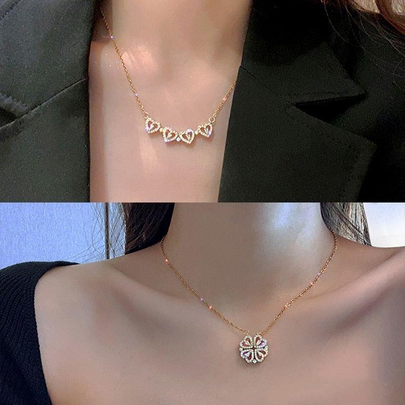 Women's Magnetic Folding Heart-Shaped Four-Leaf Clover Necklace New Popular Design 2 in 1 - Frimunt Clothing Co.