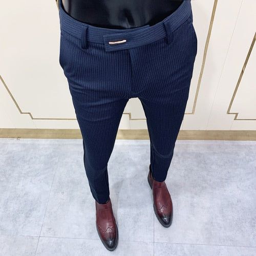 Spring Autumn Fashion Striped Men's Dress Pant Elegant Slim Fit Tight-ankle Office Party Business Trousers 3 Colors