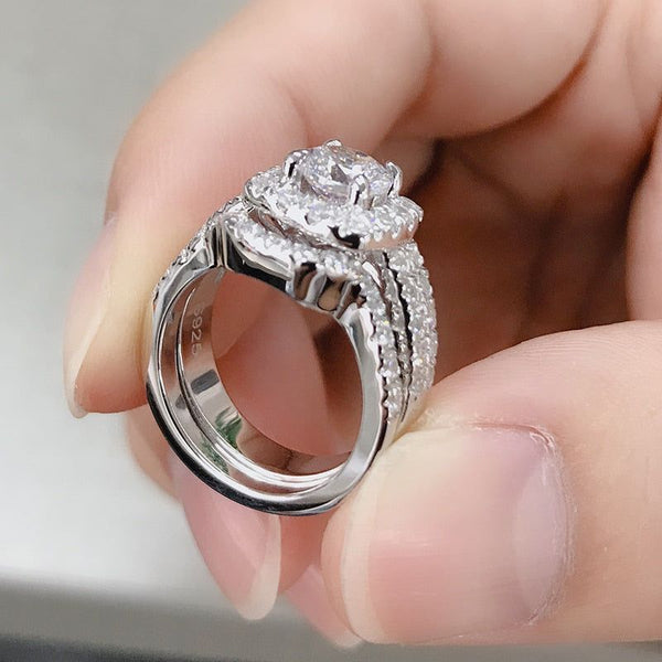 925 Sterling Silver Engagement Ring Set 1 Carat Main Created Round Cut Diamond Halo Style Fine Bridal Jewelry