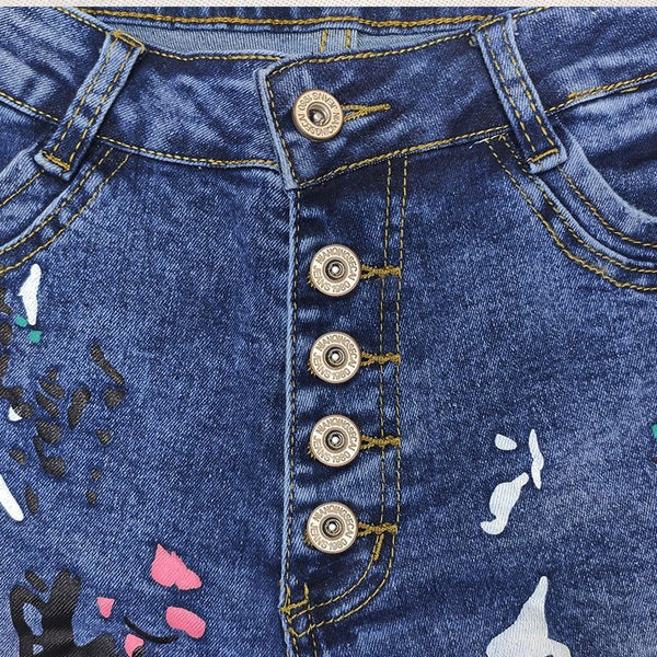 Women's Summer Denim Shorts High Waist Loose Wash Print Button Fly