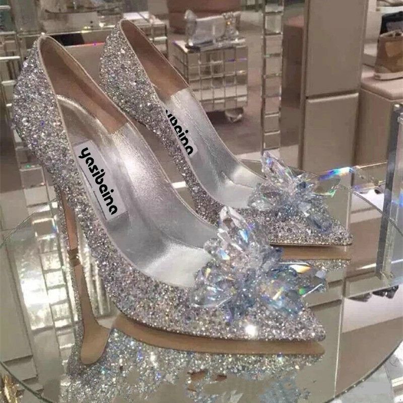 Bridal Crystal Princess Shoes Pointed Toe High Heel White, Silver, Gold ...
