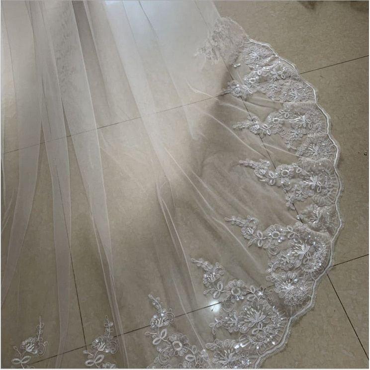 Luxury White Ivory Cathedral Wedding Veils Long Sequins Embroidered Lace Edge With Comb - Frimunt Clothing Co.