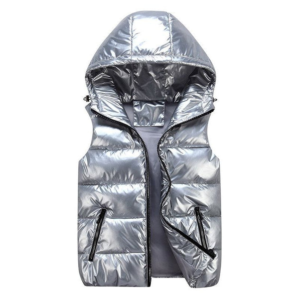 DIMUSI Men's Unisex Vest Winter Fashion Silver Metallic Colors Cotton-Padded Hooded Sleeveless Jackets Casual Thick