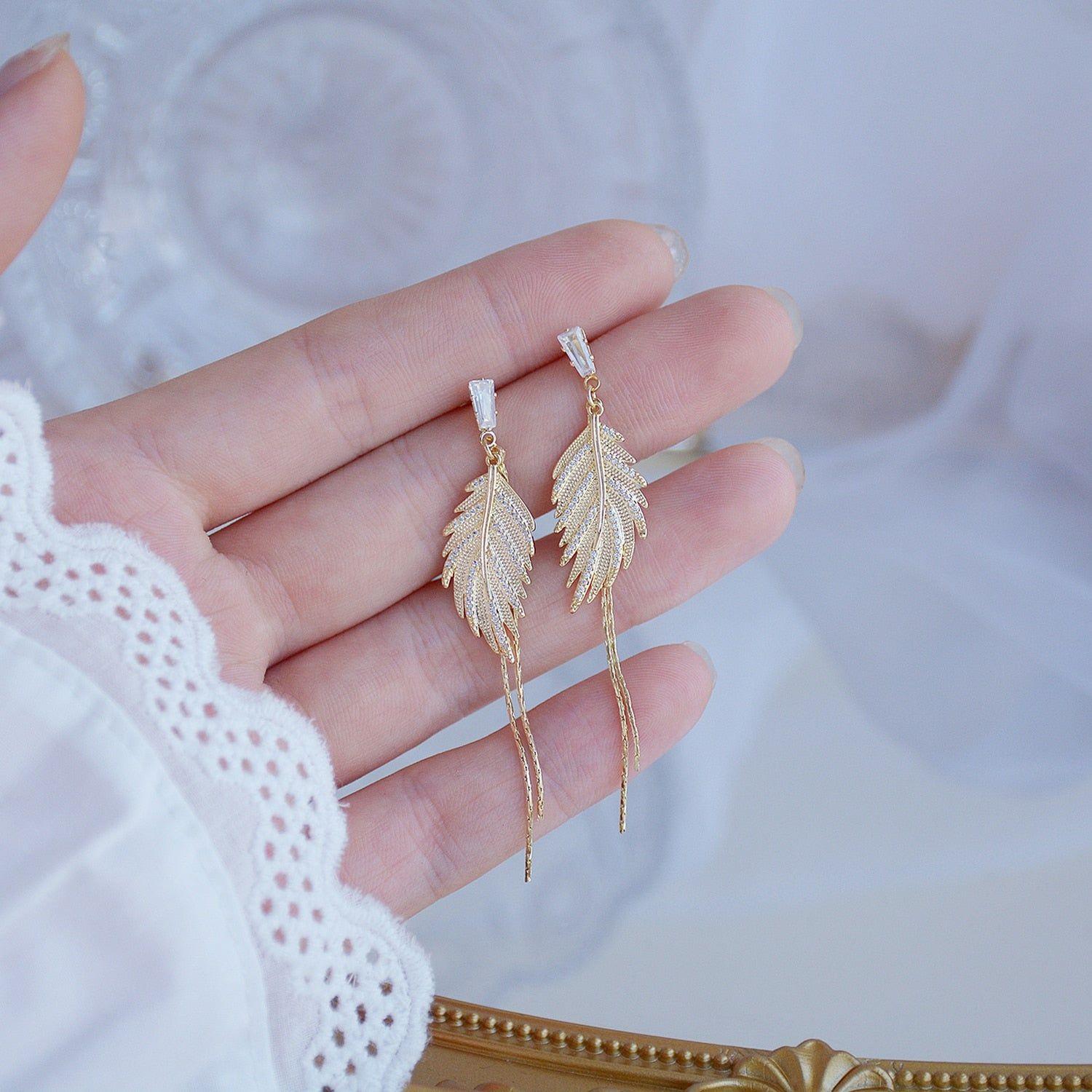 Luxury 14K Real Gold Plated Leaves Earring Delicate Micro Inlaid Cubic Zircon CZ Stud Pendant Earrings Wedding Jewelry - Frimunt Clothing Co.