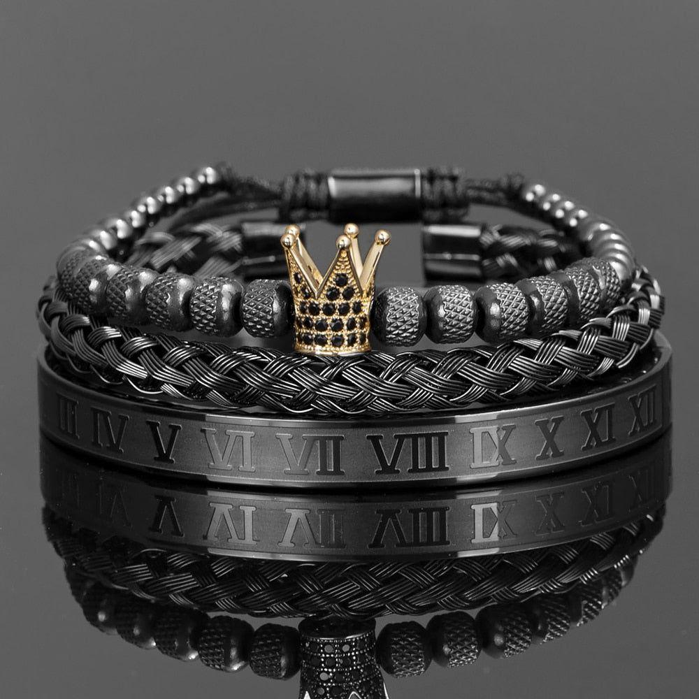 3 Piece Set Luxury Crown Handmade Men Enamel Roman Numeral Bangles Hemp Rope Stainless Steel Micro Pave CZ Luxury Jewelry - Frimunt Clothing Co.