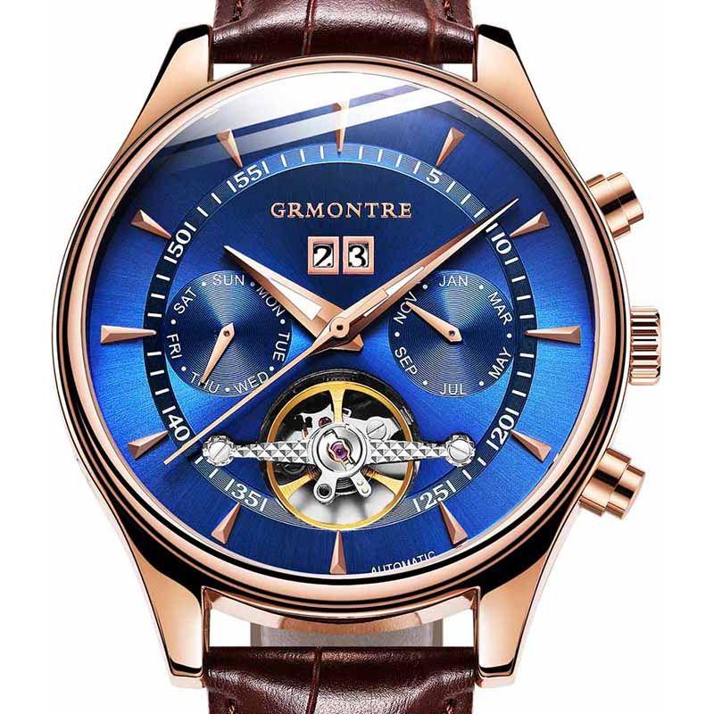 Men's Skeleton Tourbillon Mechanical Watch Automatic Classic Rose Gold Leather Band Wrist Watch - Frimunt Clothing Co.