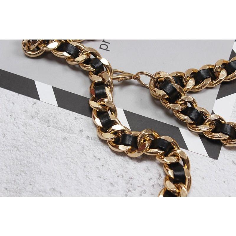 Women's Faux Black Leather Metal Chain Split Joint Long Belt - Frimunt Clothing Co.