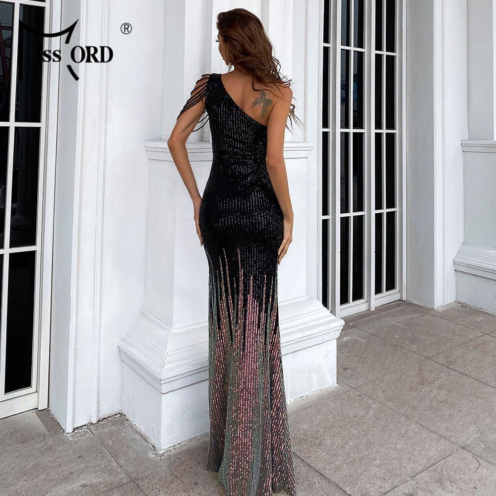 Missord Summer Long Dress Women Maxi Tassel Sequins Party Sexy One Shoulder Evening Side Split Backless - Frimunt Clothing Co.