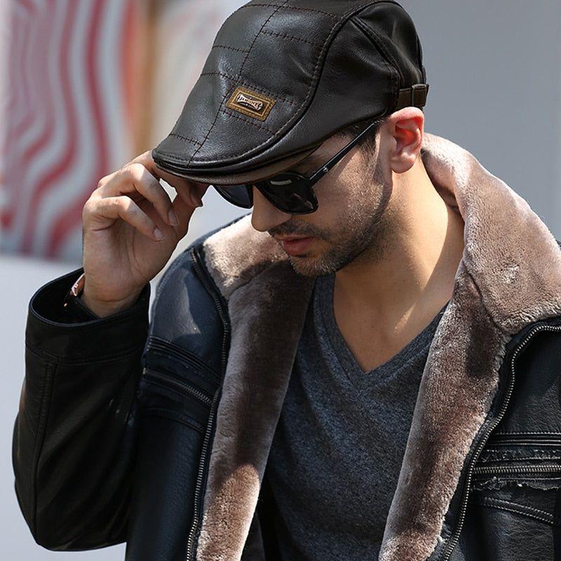 Top Level Leather Men's Newsboy Cap Duckbill Visor Hat Winter Autumn Warm Flat Caps Vintage Boinas Gatsby Hats - Frimunt Clothing Co.