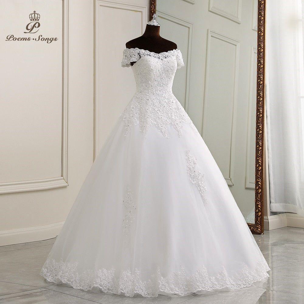 Marie Anne Simple Elegance Wedding Gown Lace Appliques Boat Neck Short Sleeve - Frimunt Clothing Co.