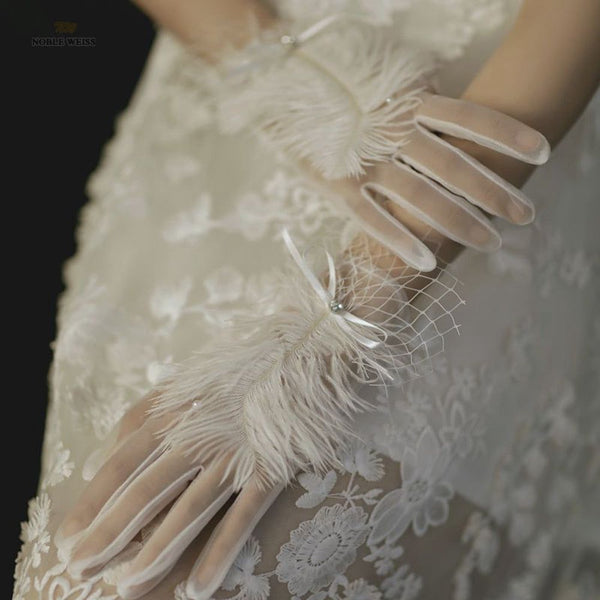 Art Deco Vintage Style Bridal Short Gloves Full Finger See Through Feather Wrist Length - Frimunt Clothing Co.