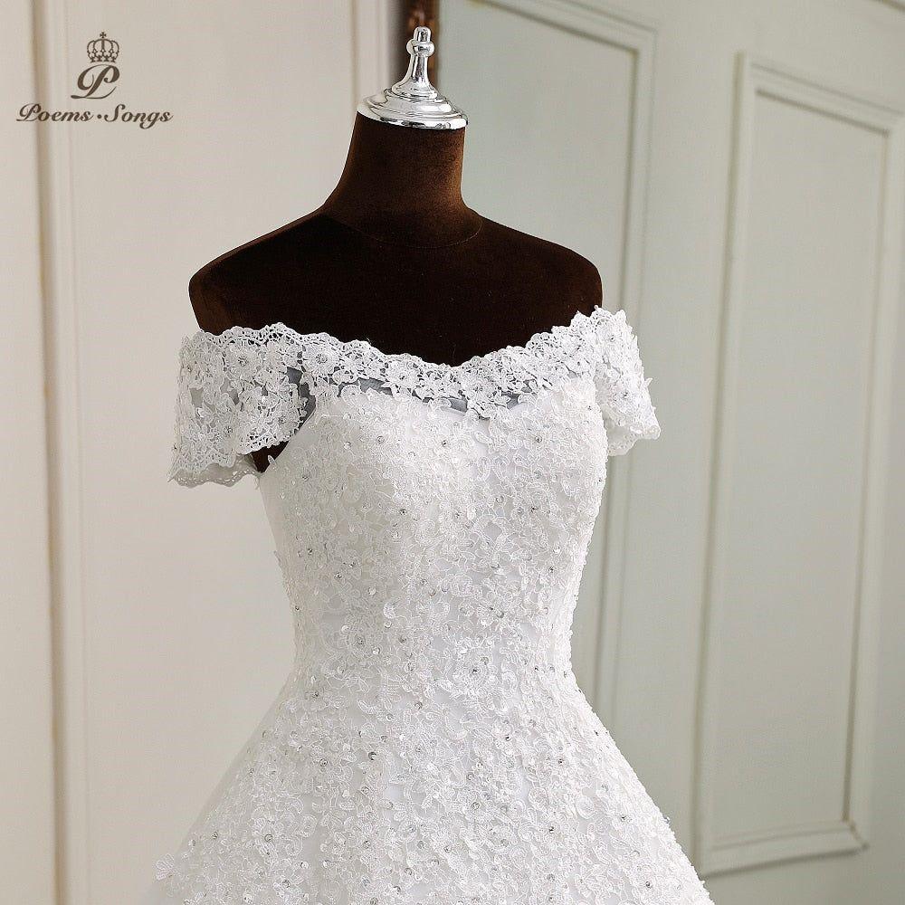 Marie Anne Simple Elegance Wedding Gown Lace Appliques Boat Neck Short Sleeve - Frimunt Clothing Co.