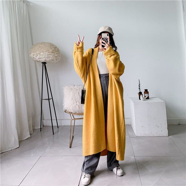 New Fall Winter Women's Open Front Loose Knit Long Cardigan Scarf Collar Lantern Sleeves Side Pockets - Frimunt Clothing Co.